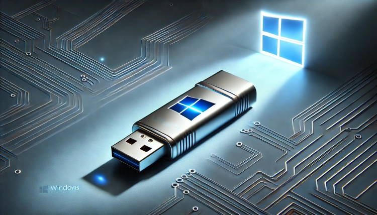 DALL·E 2025-01-15 08.53.37 - A high-resolution digital illustration of a USB flash drive designed as an installation media for Windows operating systems. The USB drive is sleek an.webp