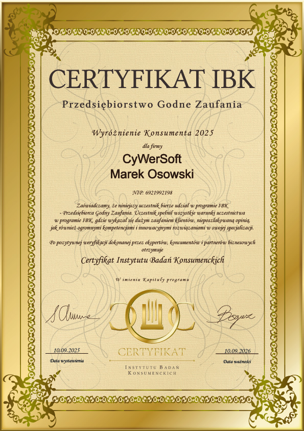 Certyfikat Przedsiębiorstwo Godne Zaufania – CyWerSoft.pl