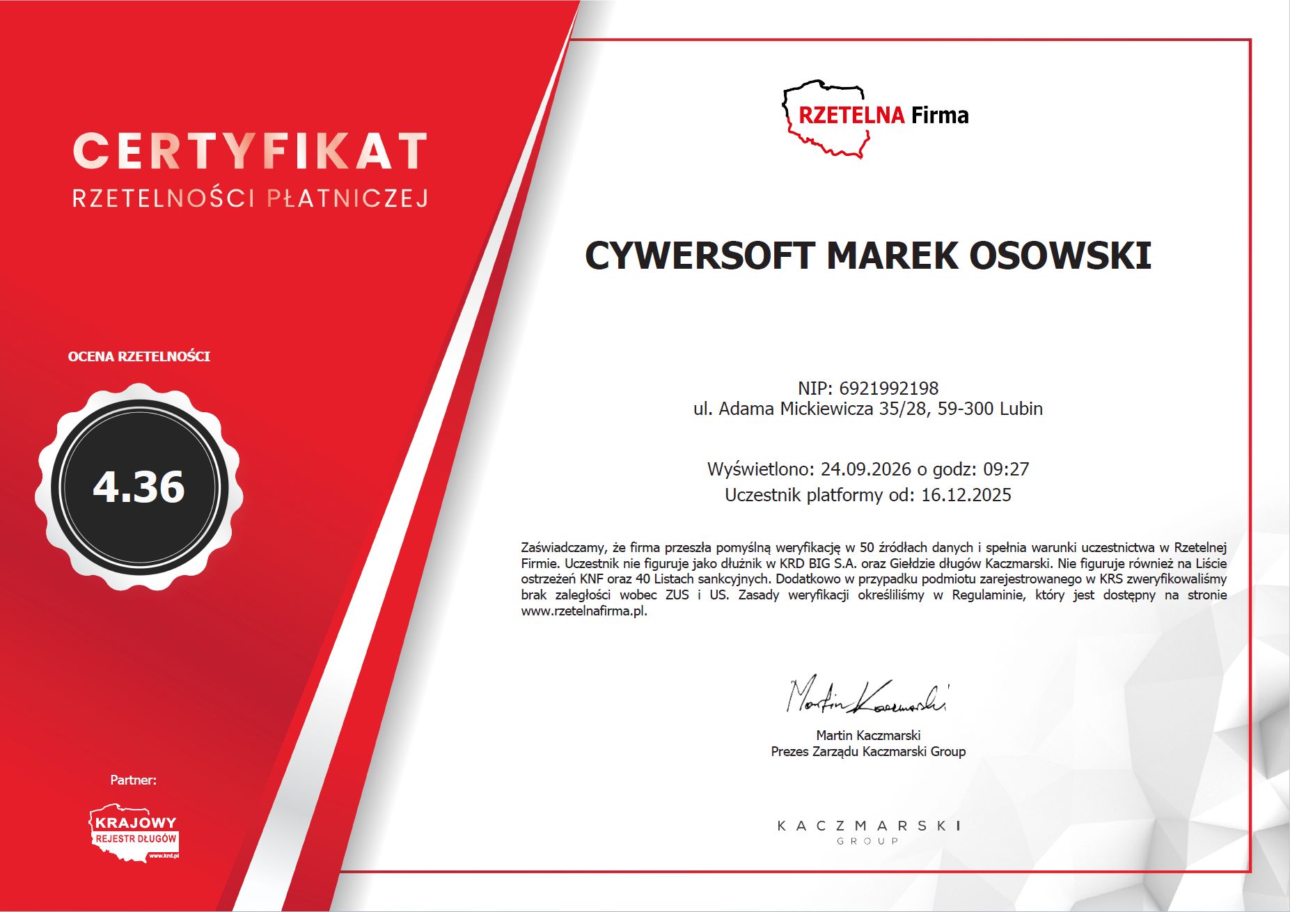 Certyfikat Rzetelna Firma – CyWerSoft.pl
